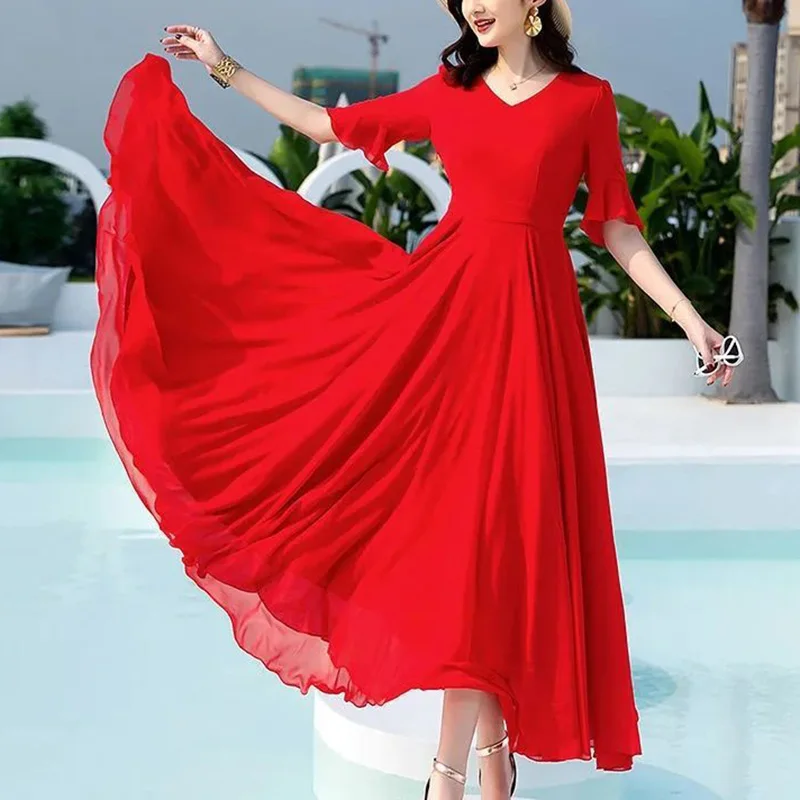 

Elegant V-Neck Solid Color Loose Folds Ruffles Midi Dress Women's Clothing 2023 Summer New Short Sleeve Office Lady Long Dress