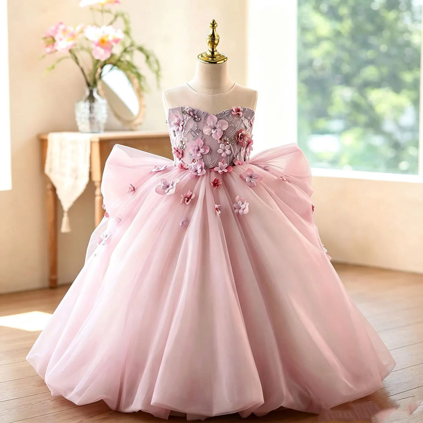 Dreamy Vow D369 Dusty Pink Flower Girl Gown 3D Floral Beaded Bodice Oversized Bow Tulle Ball Gown Wedding
