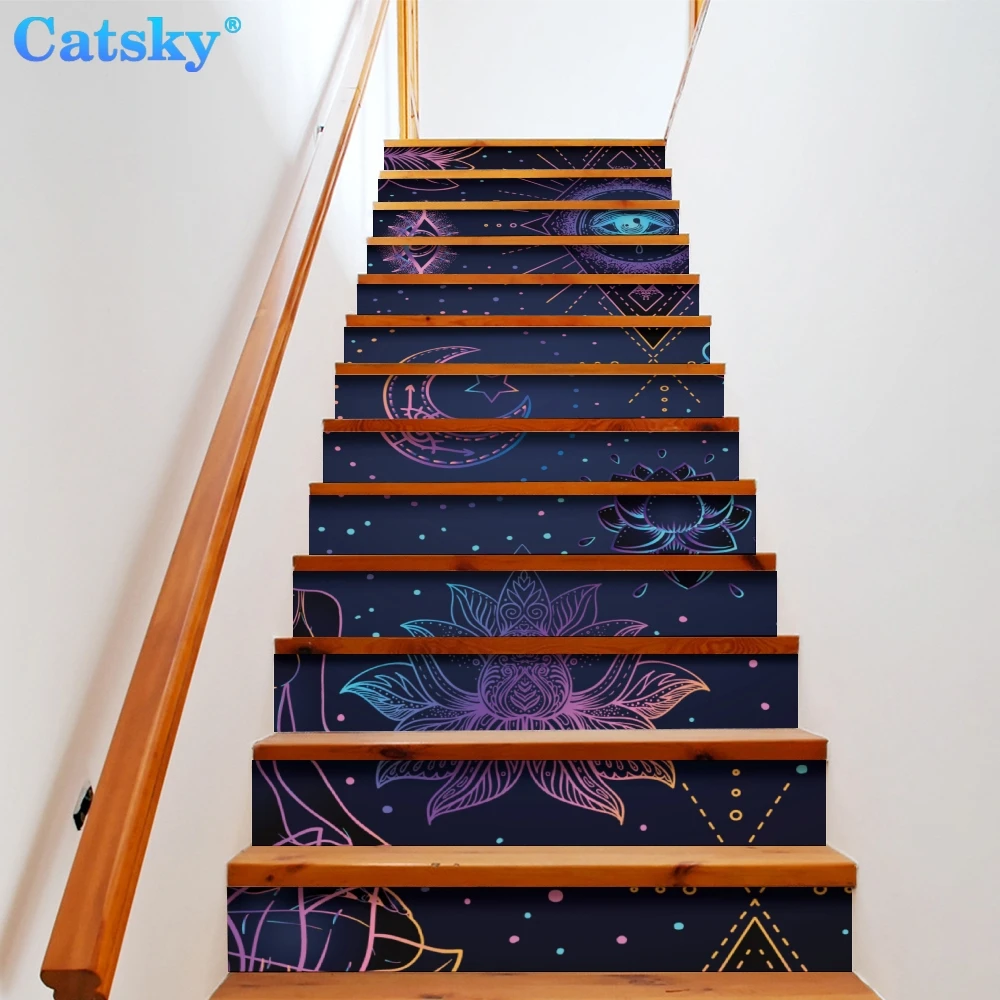 Ethnic Style Printstyle,Mandala,6pcs 13pcs/Set Stair Floor Stickers Waterproof Removable Self Adhesive Diy Stairway Decals