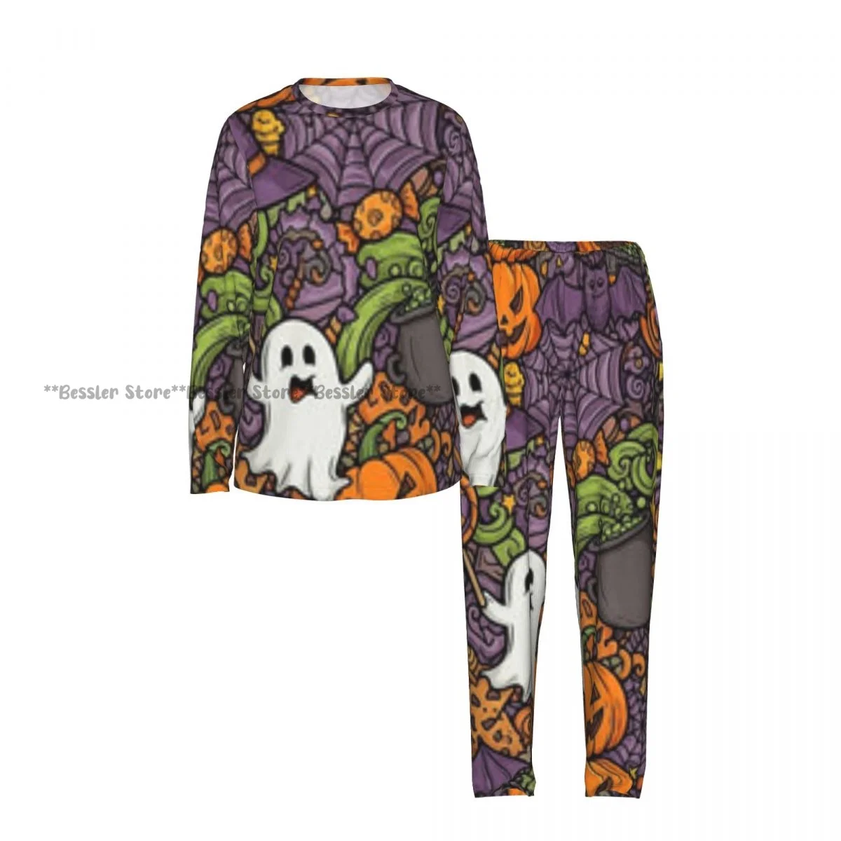 2 Piece Women Round Neck Pajamas Set Long Sleeve Long Pants Whimsical Pumpkins Ghosts Bats Moons Homewear Casual Daily Sleepwear