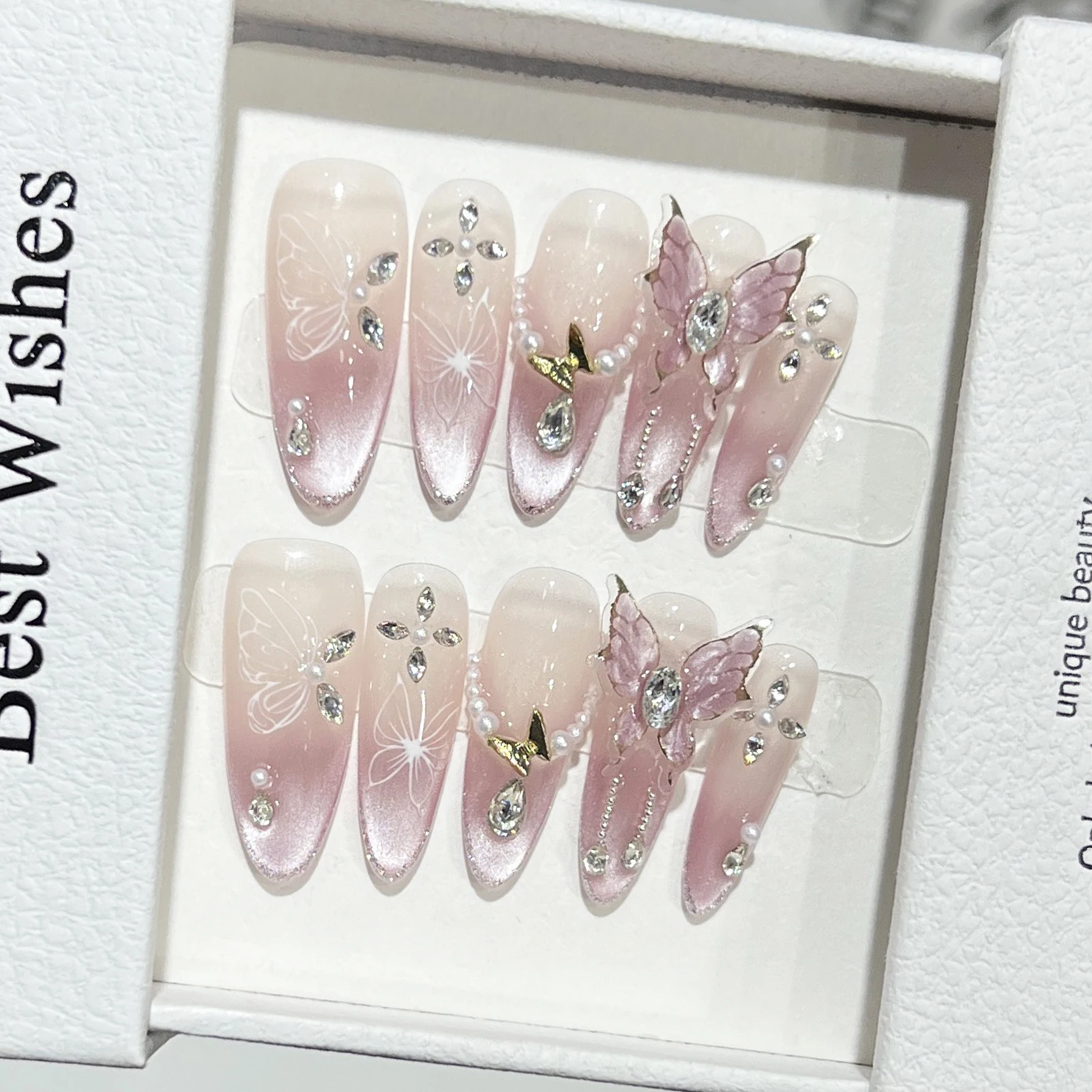 10 pçs rosa olho de gato estilo francês imprensa em unhas borboleta strass decoração amêndoa artesanal unhas falsas encantadores dicas de unhas falsas