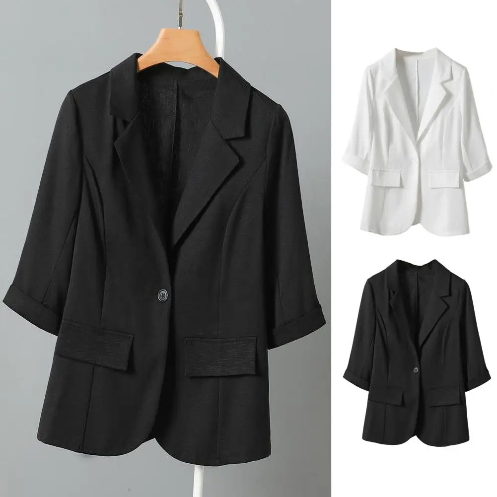 Work Office Style Suit Coat Stylish Women's Slim Fit Lapel Suit Coat with 3/4 Sleeve Single Button Closure for Summer for A