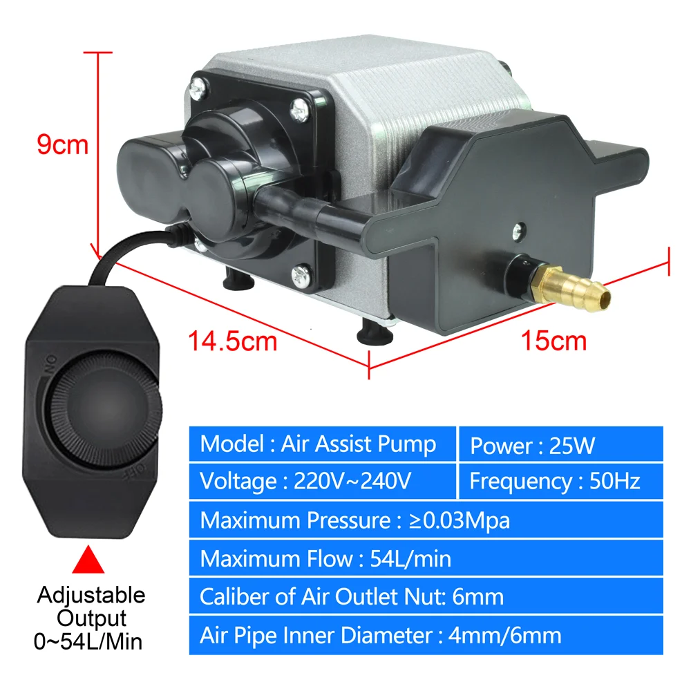 Imagem -03 - Laser Air Assist Bomba para Gravação Máquinas de Corte Gravador Cortador 25w 220v Compressor de ar para Cnc Fluxo de ar Ajustável 54l por Min