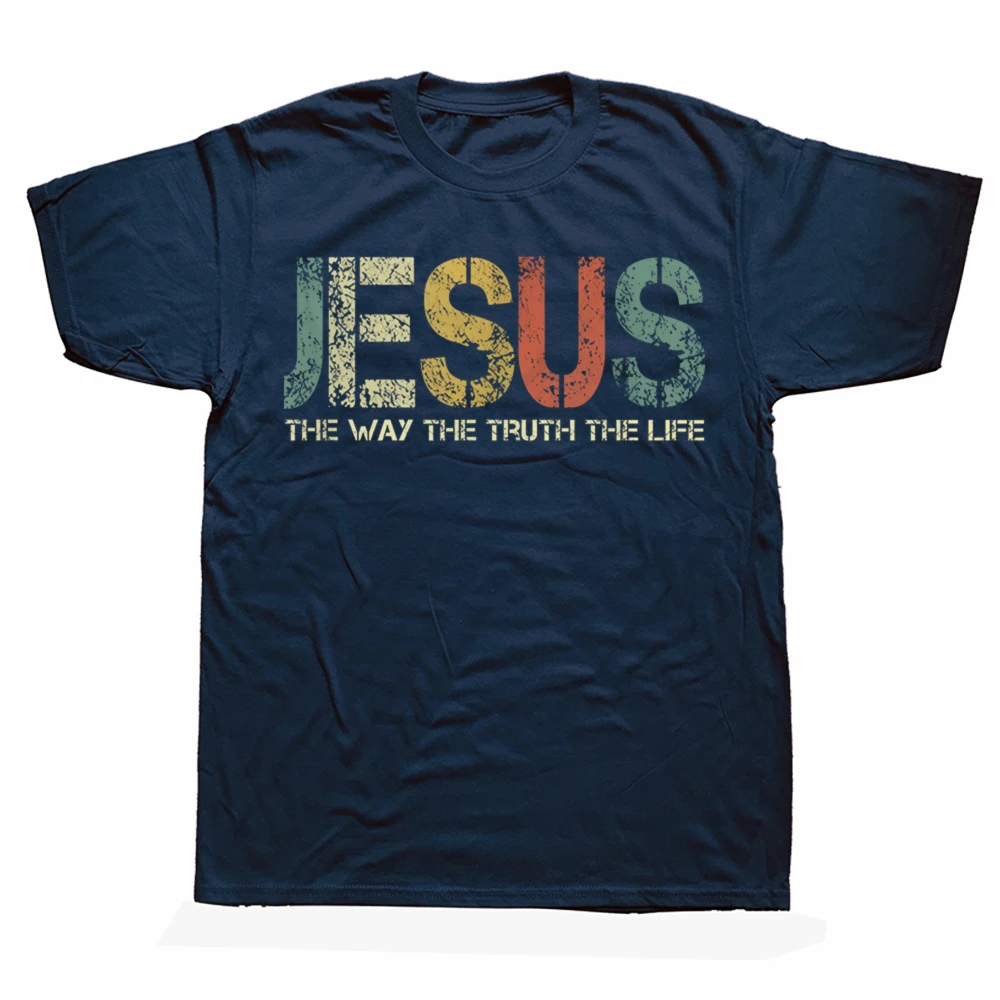 Jesus Der Weg, die Wahrheit, das Leben Kurzarm-T-Shirt im Retro-Stil mit Distressed-Buchstaben-Grafik und Rundhalsausschnitt für christliche Gläubige – Detail 2