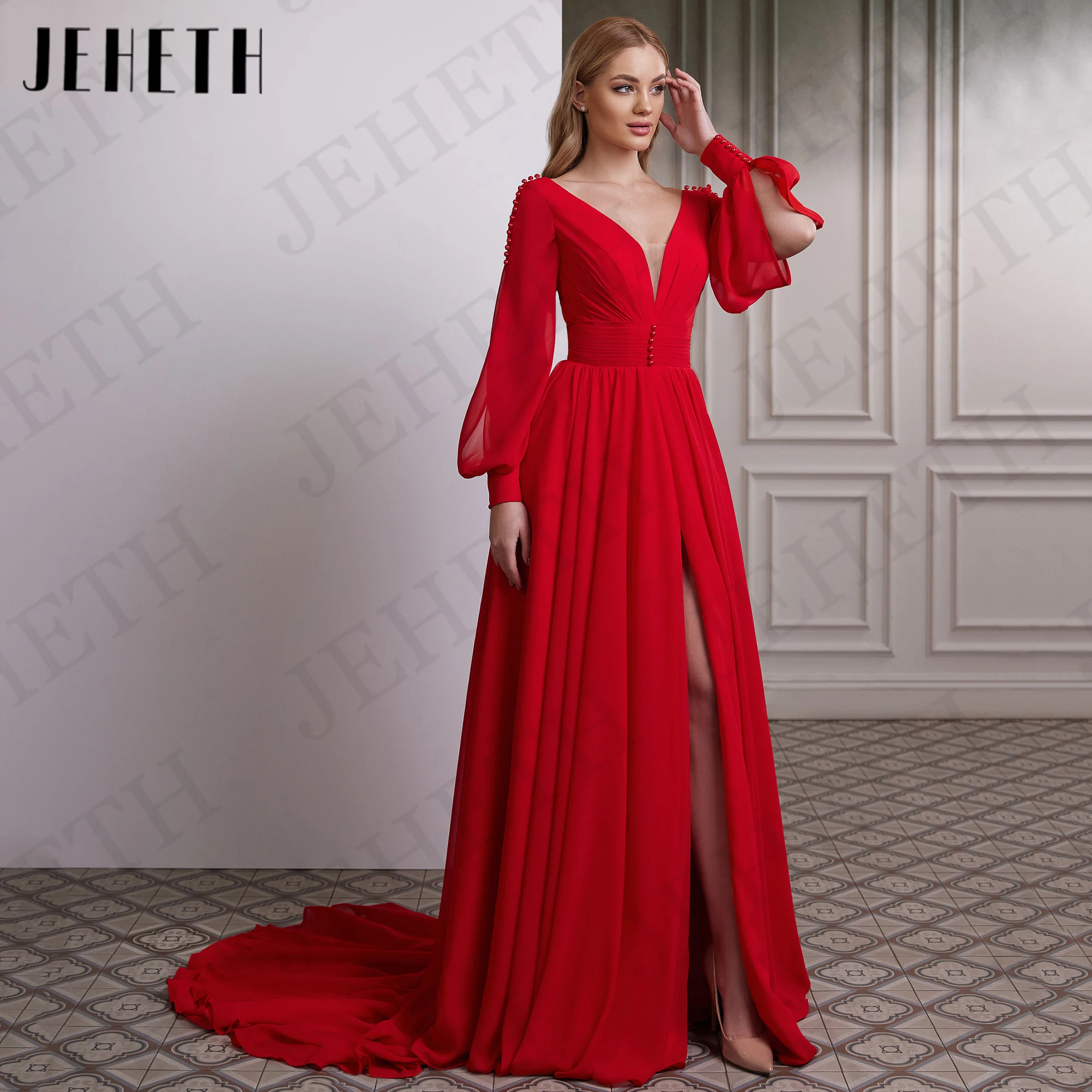 JEHETH Czerwone suknie wieczorowe Długa luksusowa suknia imprezowa Szyfonowe rozcięcie A Line Puff Sleeves Sukienka na specjalne okazje V Neck Backless Woman Czerwone Suknie Wieczorowe Długie Luksusowa Suknia Imprezowa