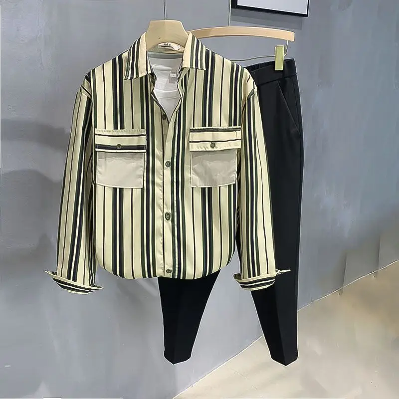 Fashion Color-blocking Striped Men New Splicing Square Collar Button Pockets Loose and Versatile Casual Long-sleeved Shirts