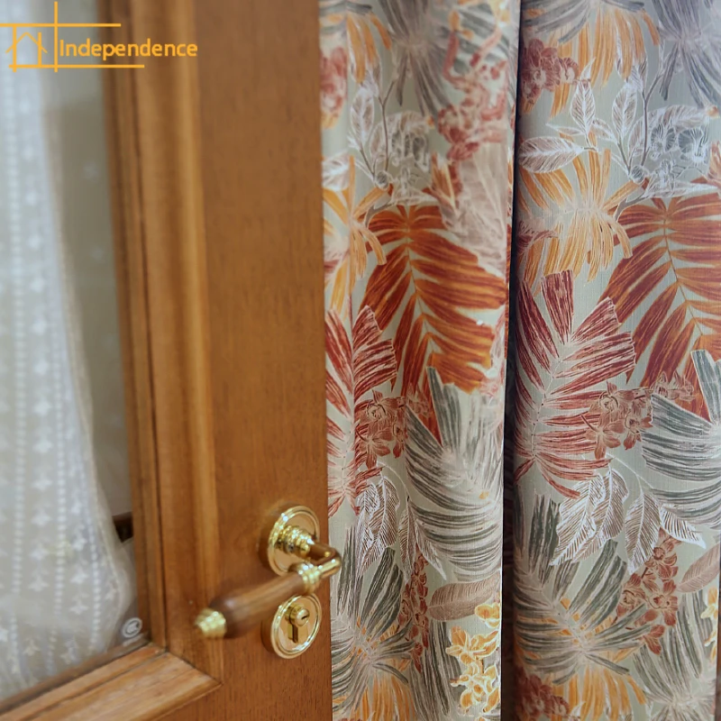 American Line and Cotton Maple Leaf Printing Curtains for Living Room Bedroom French Window Balcony Customized Partition Curtain