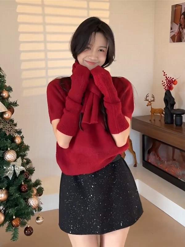 

Loose Style Red Knitted Sleeveless Sweater Women's Fashion Christmas New Year Atmosphere Sensation Lazy Style Spring Season