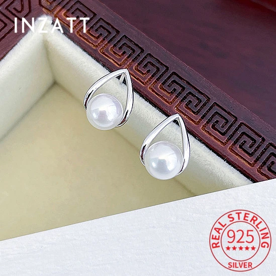 

INZATT Real 925 Sterling Silver Round Pearl Water Drop Stud Earrings For Young Girl Classic Fine Jewelry Minimalist Accessories