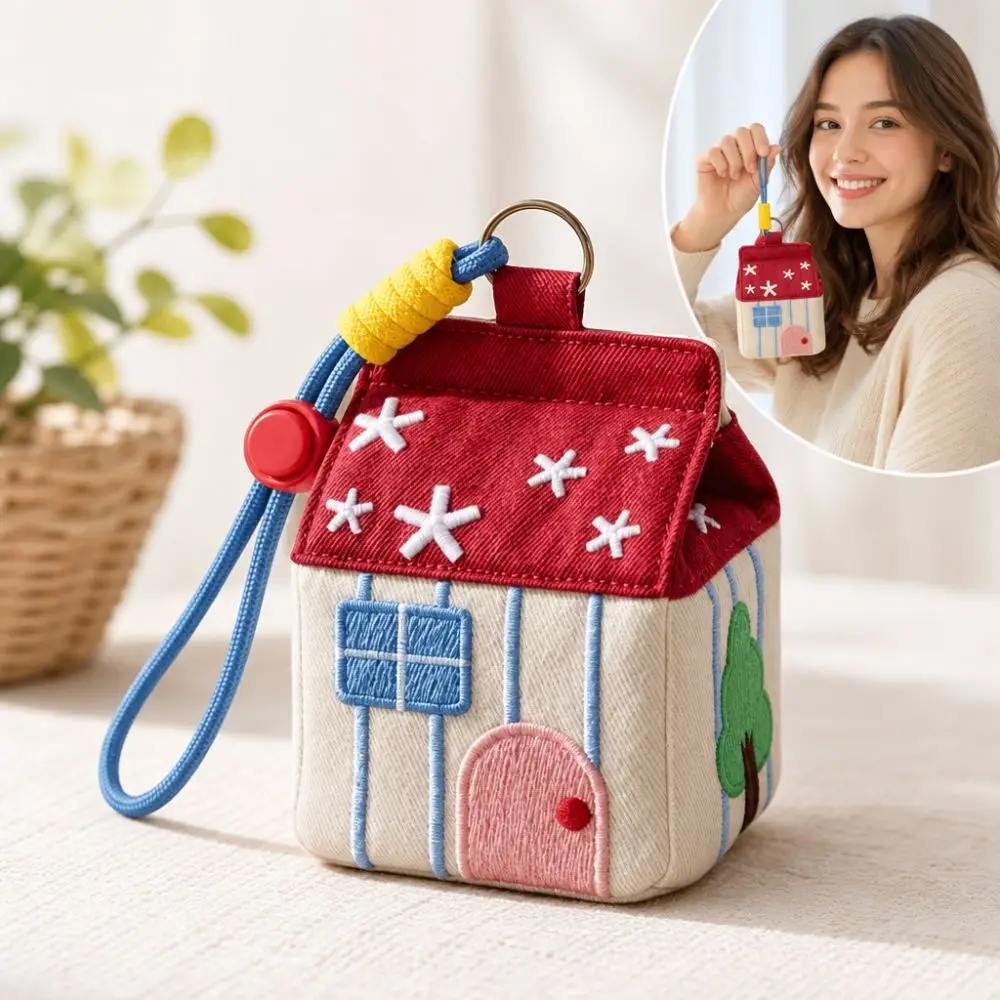 Cute Kawaii Red House Coin Purse Embroidery Pattern Large Capacity Keychain Earphone Bag Mini Versatile Makeup Bag Multipurpose