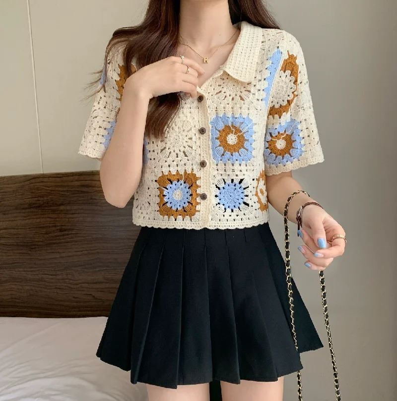 OUMEA Women Knitted Crochet Blouse Color Block Buttons Front Contrast Color Casual Tops Short Sleeve Openwork Chic Beach Tops