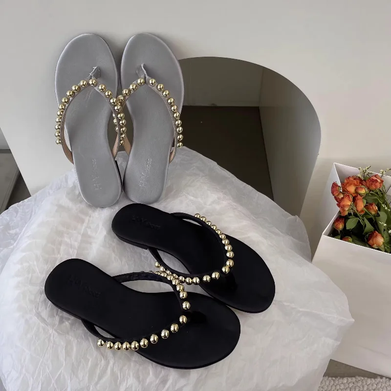 Fashion Pearls Beach Flip Flops for Women 2025 Summer Clip Toe Flat Slides Sandals Woman Comfortable Non Slip Outdoor Slippers view 3