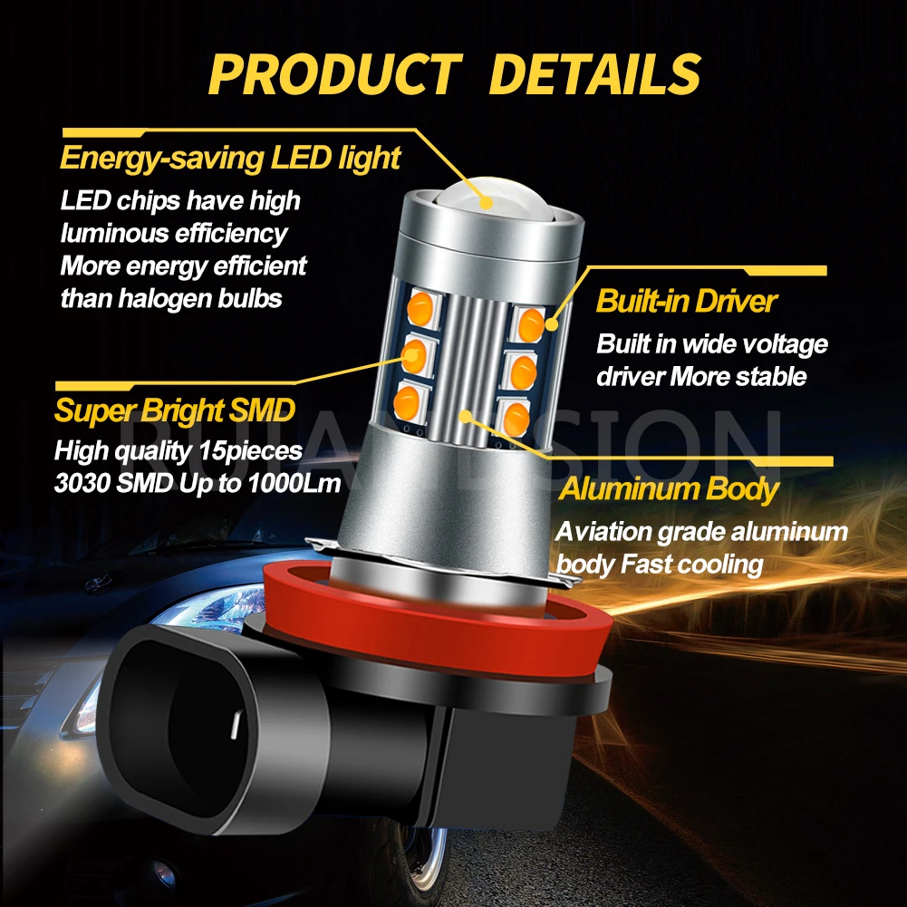 Ruiandsion 2 قطعة H11 H3C H7 LED أضواء الضباب سيارة المصابيح الأمامية 3030 رقاقة 15SMD 10-30 فولت صالح 12 فولت 24 فولت Foglamp الأصفر للدراجات النارية #3