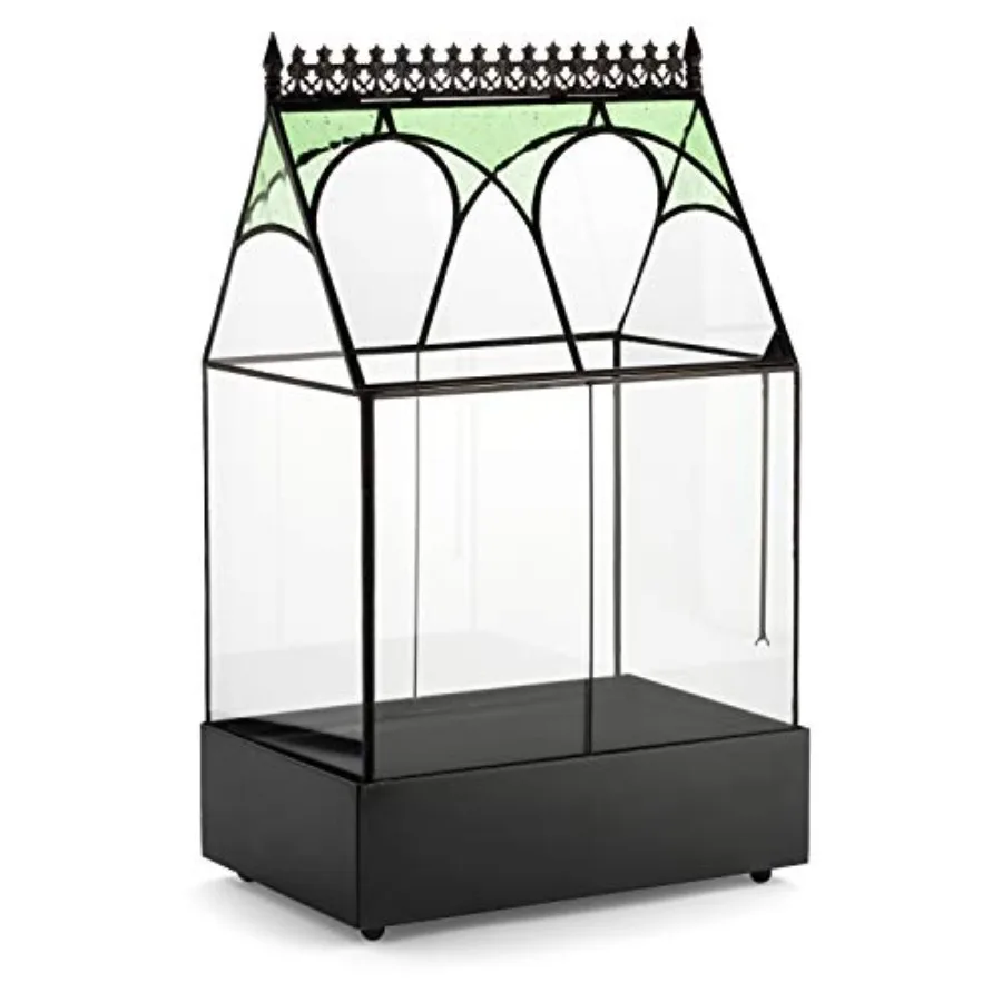 

Indoor tabletop planter for orchids, succulents, and ferns; glass terrarium wardian case with green accent glass; 17.75 inch ta