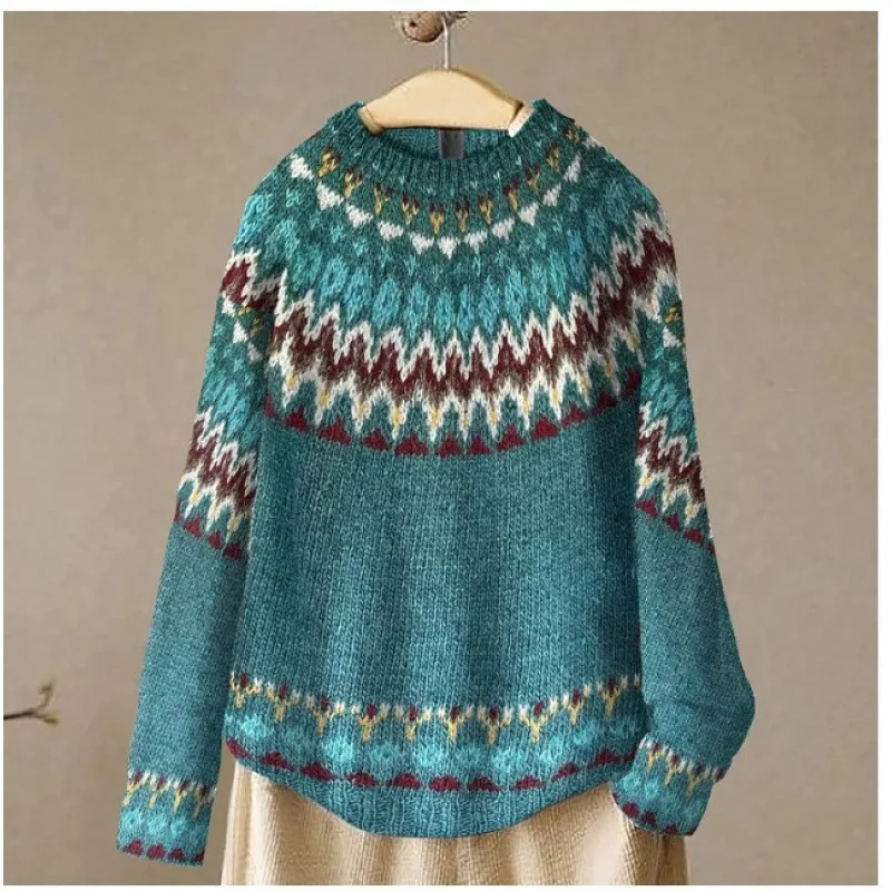 

Autumn Winter 2025 Women Oversized Sweater Crewneck Long Sleeve Boho Printed Loose Fit Casual Knit Pullover Sweaters Top