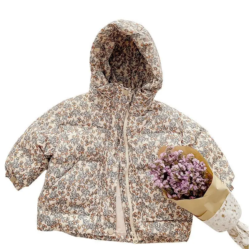 Winter Infant Baby Girl Parka Cotton Padded Floral Printed Toddler Hooded Jacket Thicken Windproof Outerwear for Little Kids
