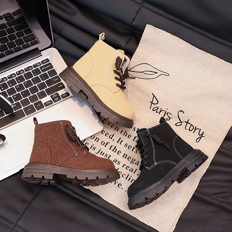 

2025 Autumn New Children Short Boots Soft Bottom British Style Fashion Kids Ankle Boots Round Toes Girls Leather Boots Versatile