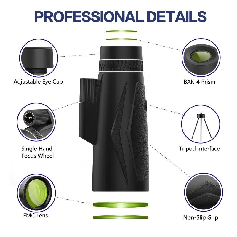 Monocular Telescope 12x50 High Magnification HD Low Light Night Vision for Hiking Camping Outdoor Black