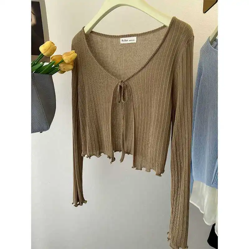 plus Size Ice Silk Shoulder Wrap Cardigan Women's Summer Outerwear Air Conditioning Cover up Thin Long Sleeve Short Jacket