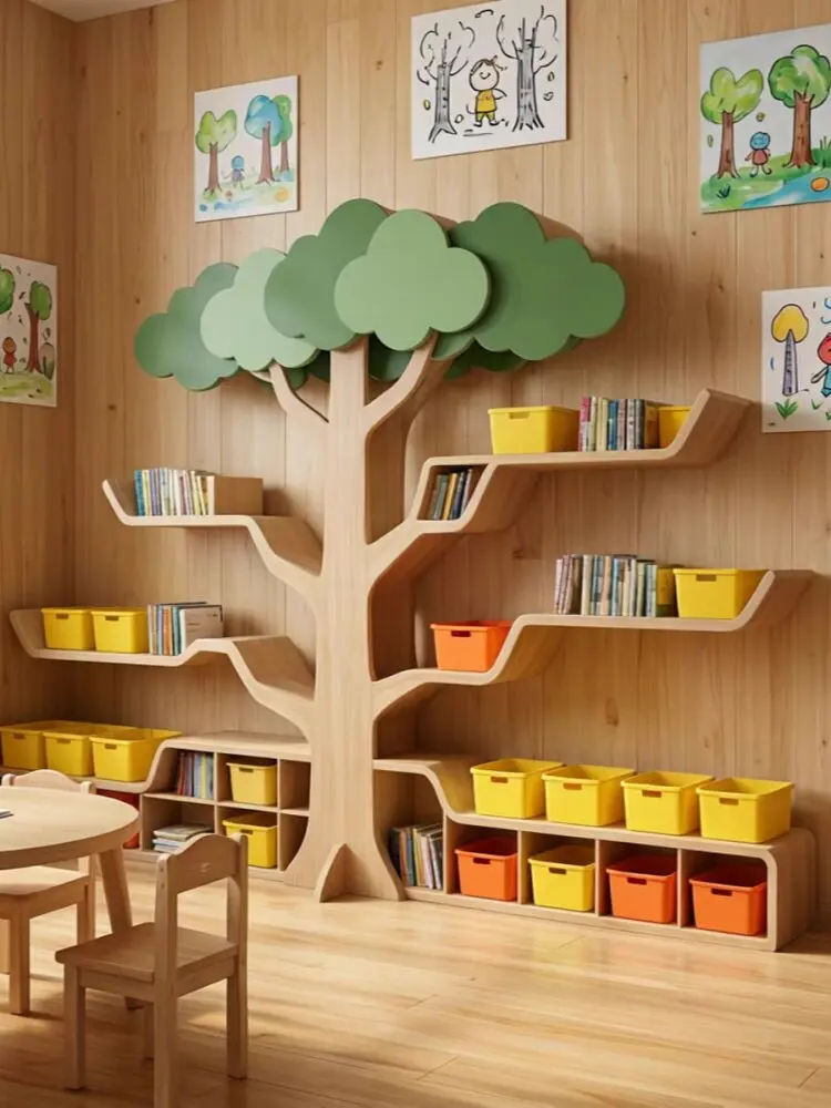 Tree bookshelf, kindergarten background wall wall decoration shelf, library floor picture book display
