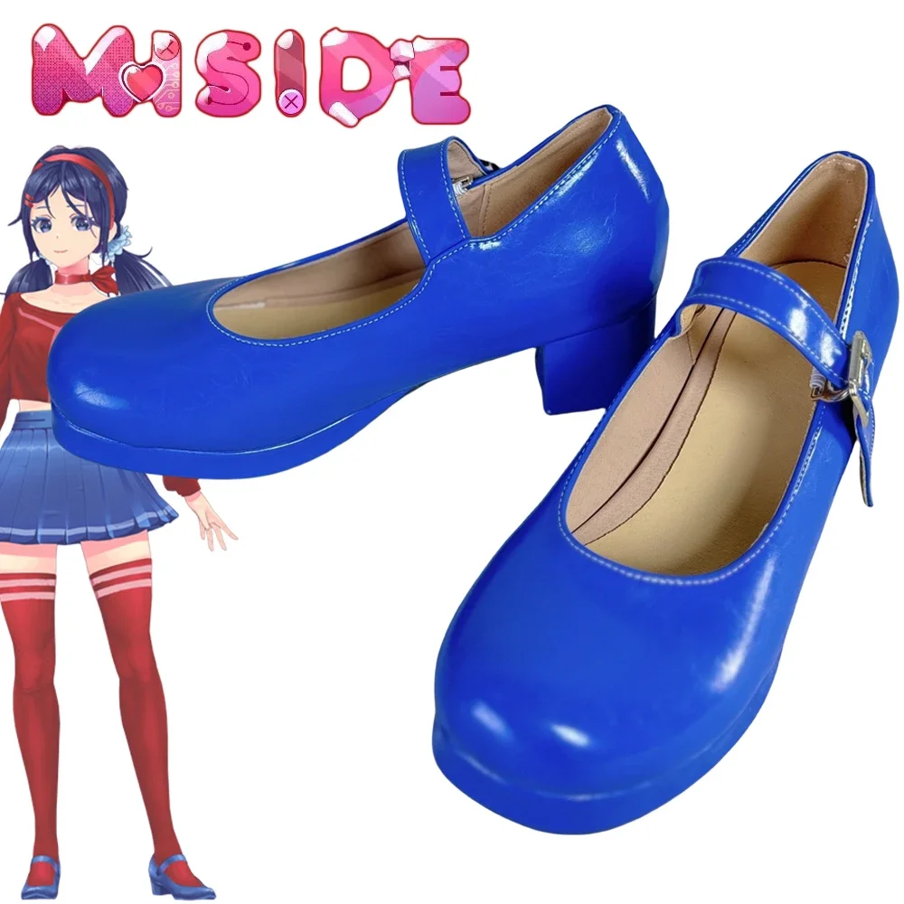 

New Game MiSide Cosplay Shoes Kafuu Chino Women Lolita Blue Mary Jane Shoes High Heels Leather Boots Halloween Costume Prop