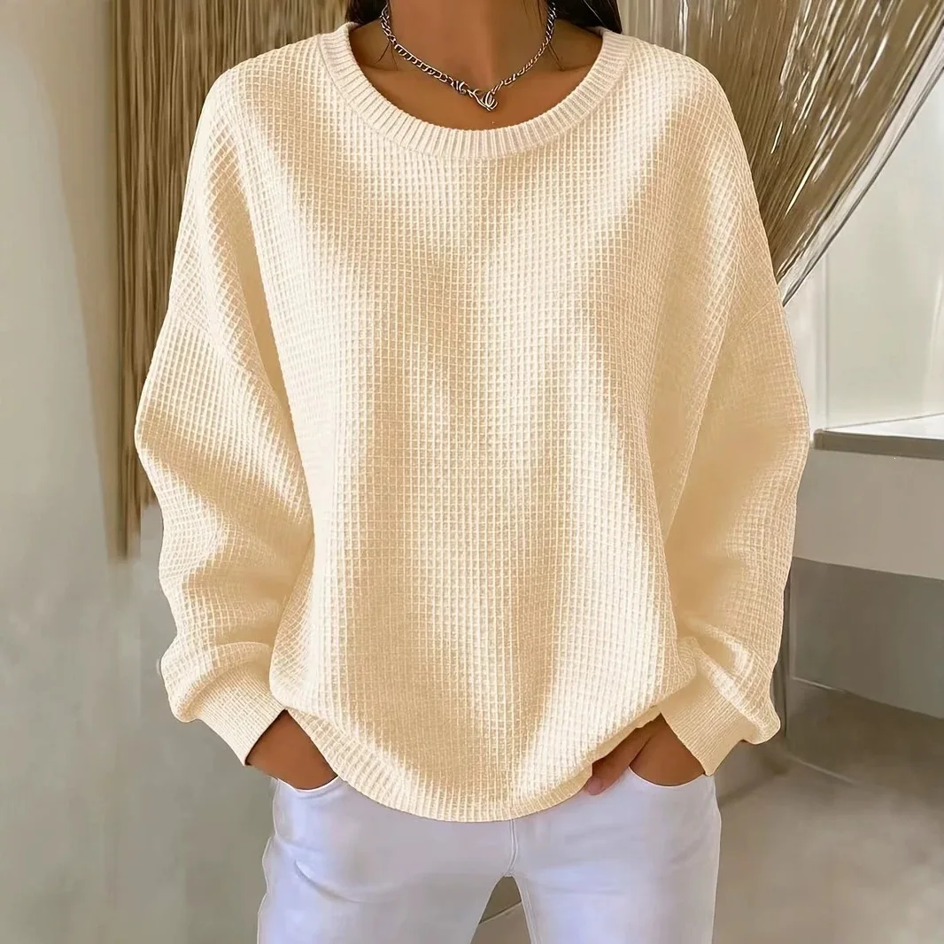 2026 Women's Long-sleeved Sweatshirt, Circular Neck, Waffle Knit, Pullover Style, Patchwork Design, Long-sleeved Top For Early