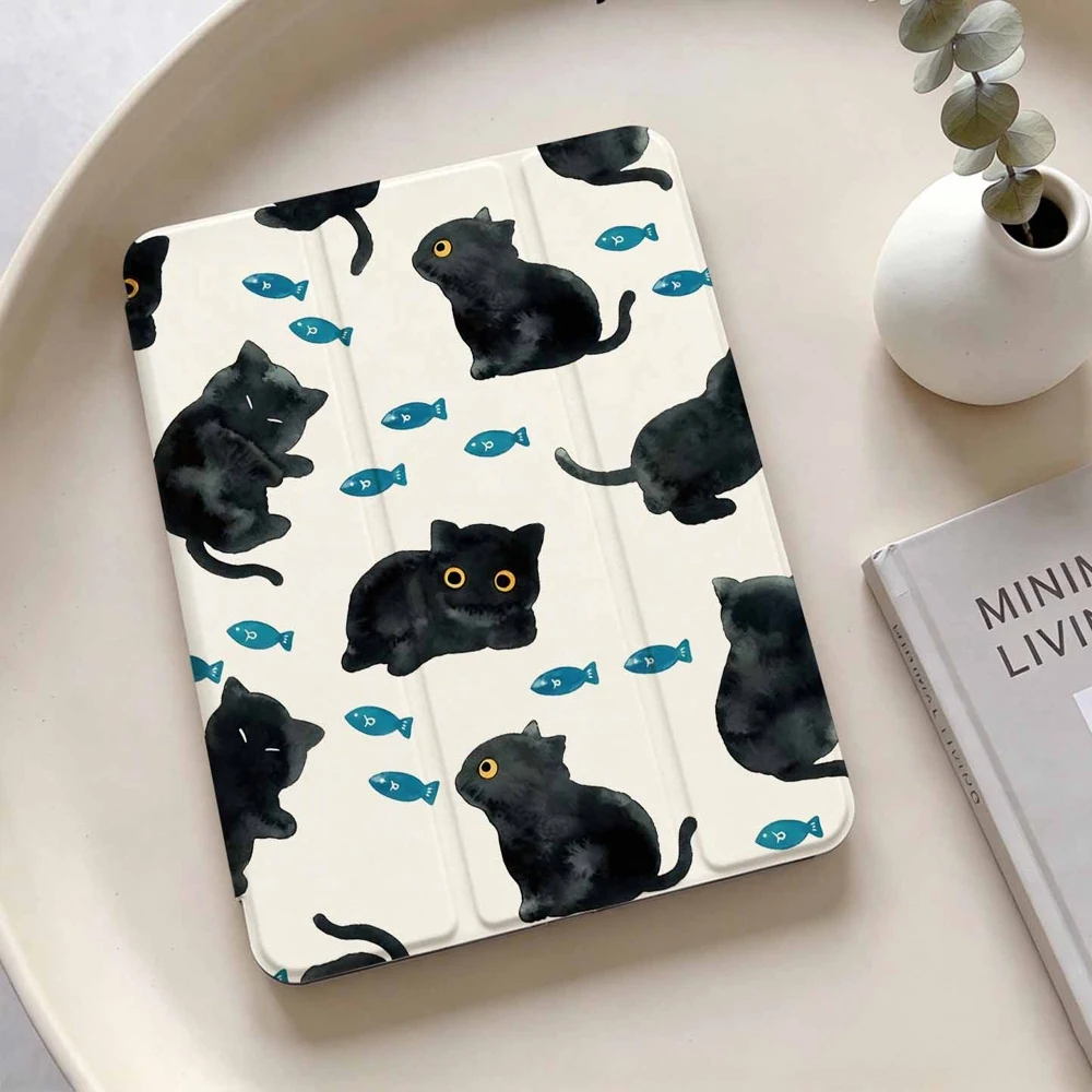 Watercolor Black Cat Fish For Samsung Galaxy Tab A8 A9 A11 S6 S7 S8 S9 S10 S11 FE Plus Lite With Pen Slot Tablet Case