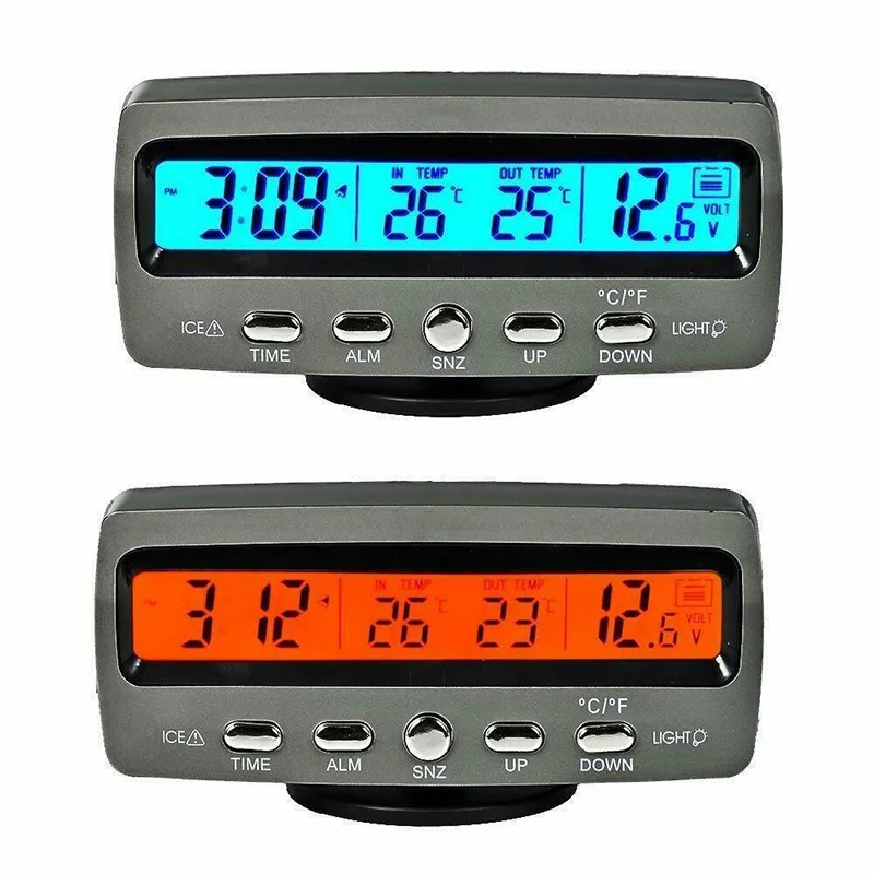 New 4-in-1 12V Car LED Digital Display Voltmeter Clock Indoor/Outdoor Temperature