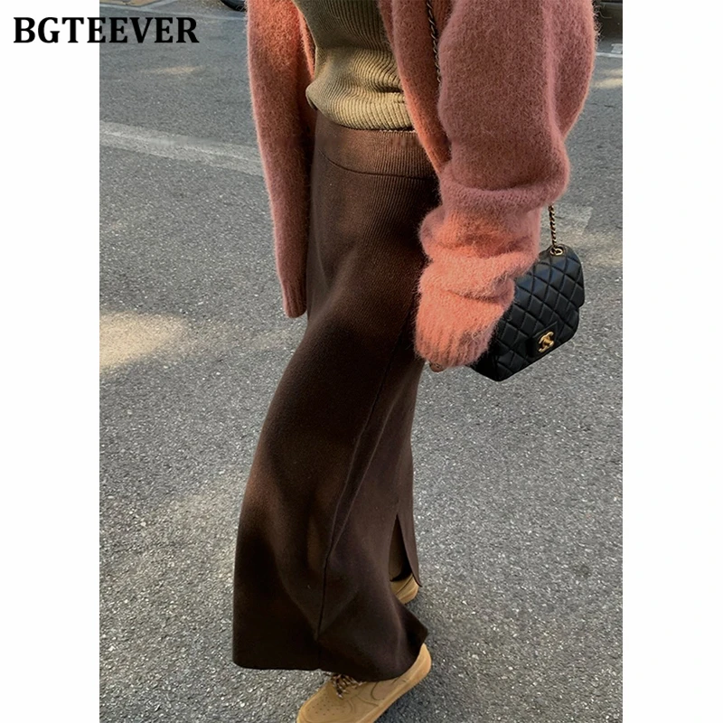 BGTEEVER Elegant High Waist Ladies Solid Package Hip Knitted Skirts Autumn Winter Stylish Women Split Sweater Skirts