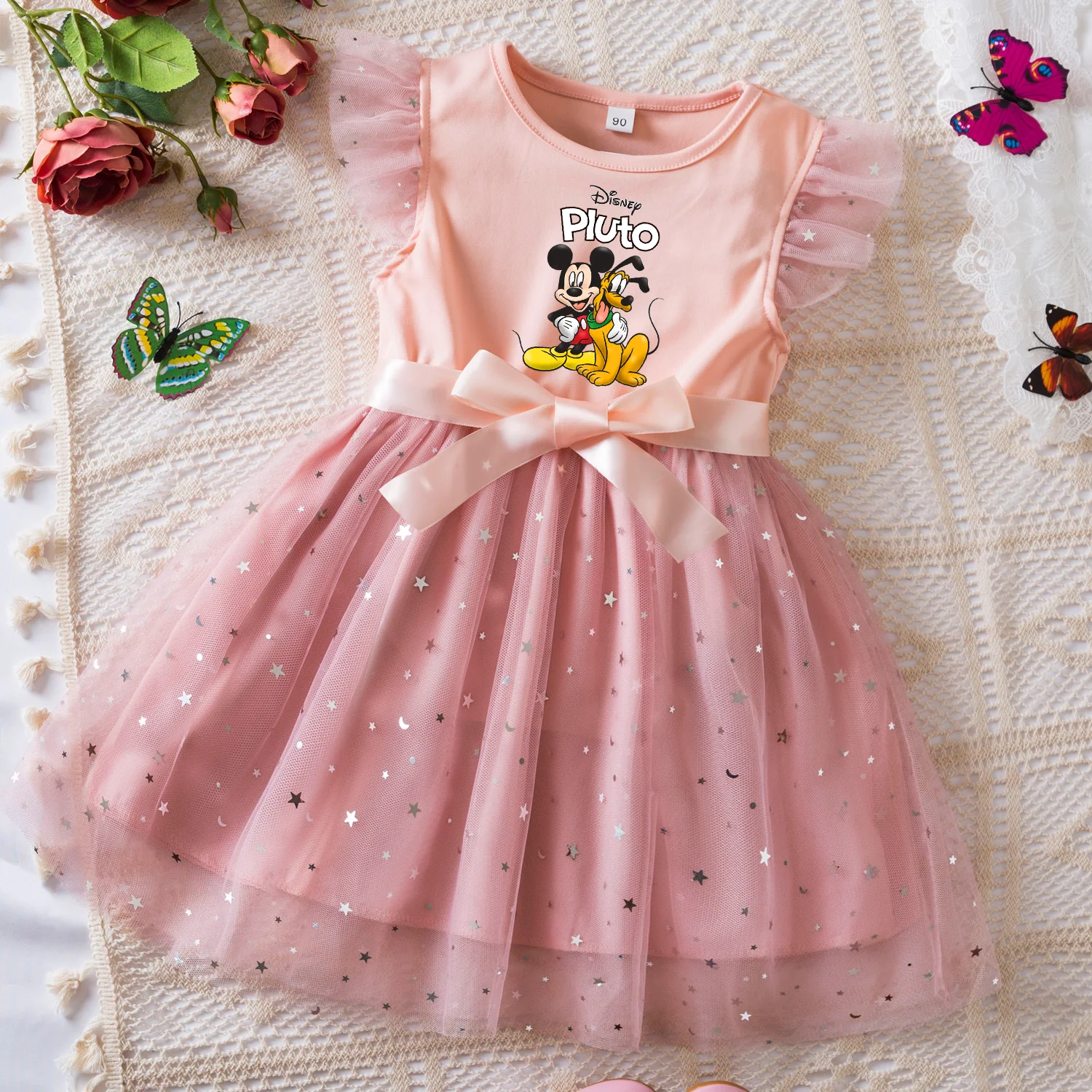 

Pluto Mickey Sweet Girls Summer Clothes Flying Sleeves Bow Sequin Dress 2-6Y Kid Birthday Tutu Princess Dress for Baby Girl