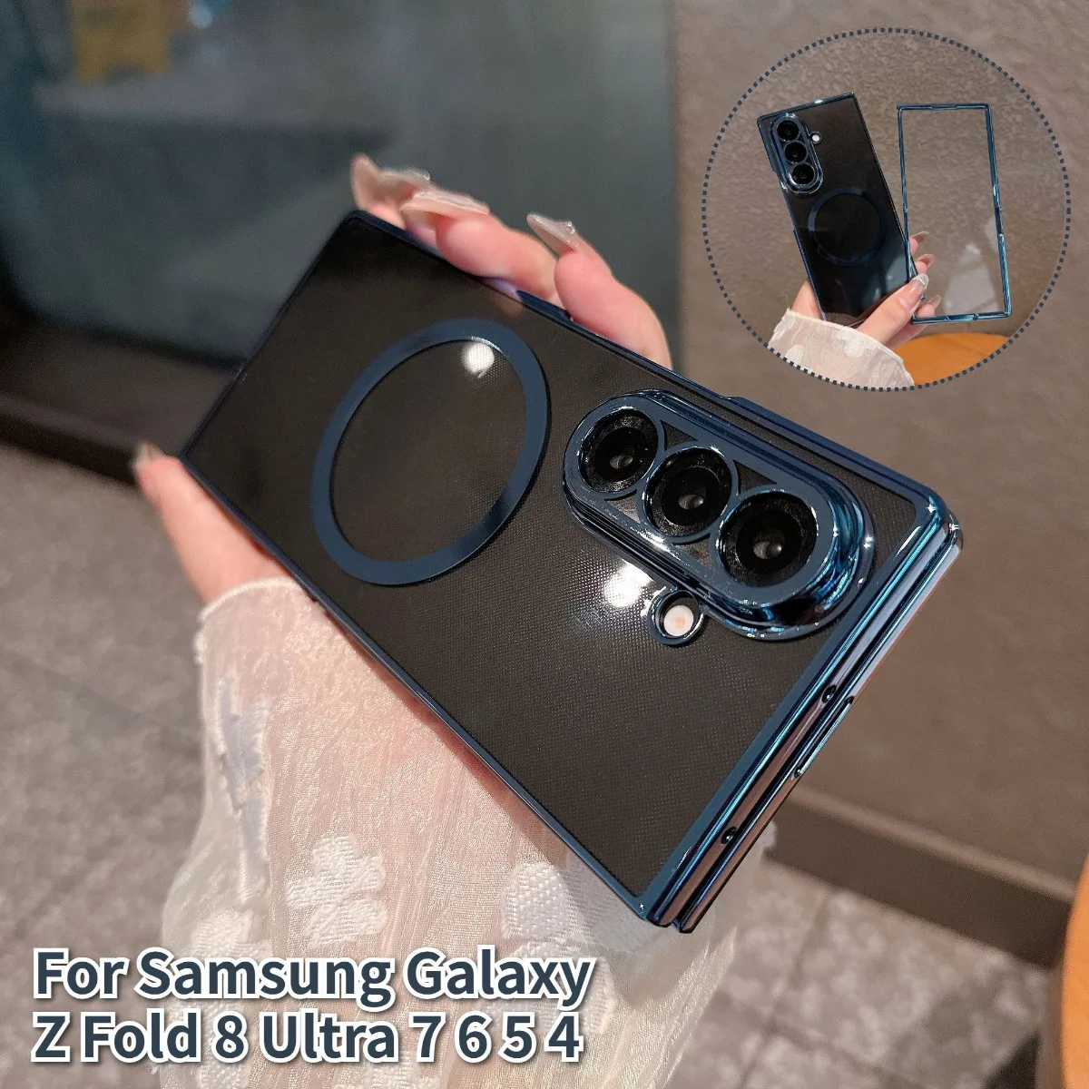 Plating Transparent PC Magnetic Flip Case for Samsung Galaxy Z Fold 8 Ultra 7 6 5 4 for Magsafe Wireless Charging Protect Cover