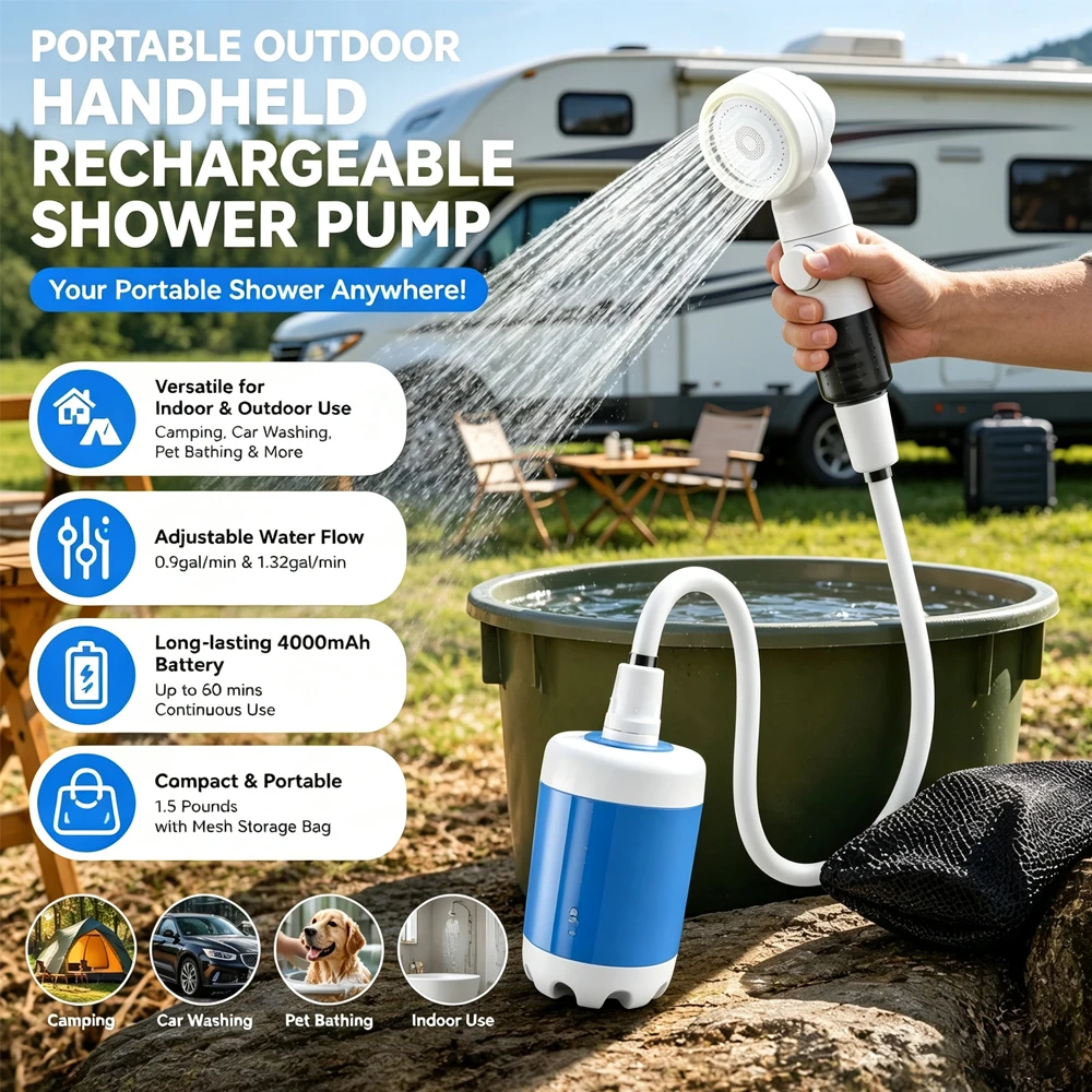 Upgraded Portable Camping Shower Pump Rechargeable 4000mAh Digital Display Electric Shower Beach Dormitory with Hose And Hook