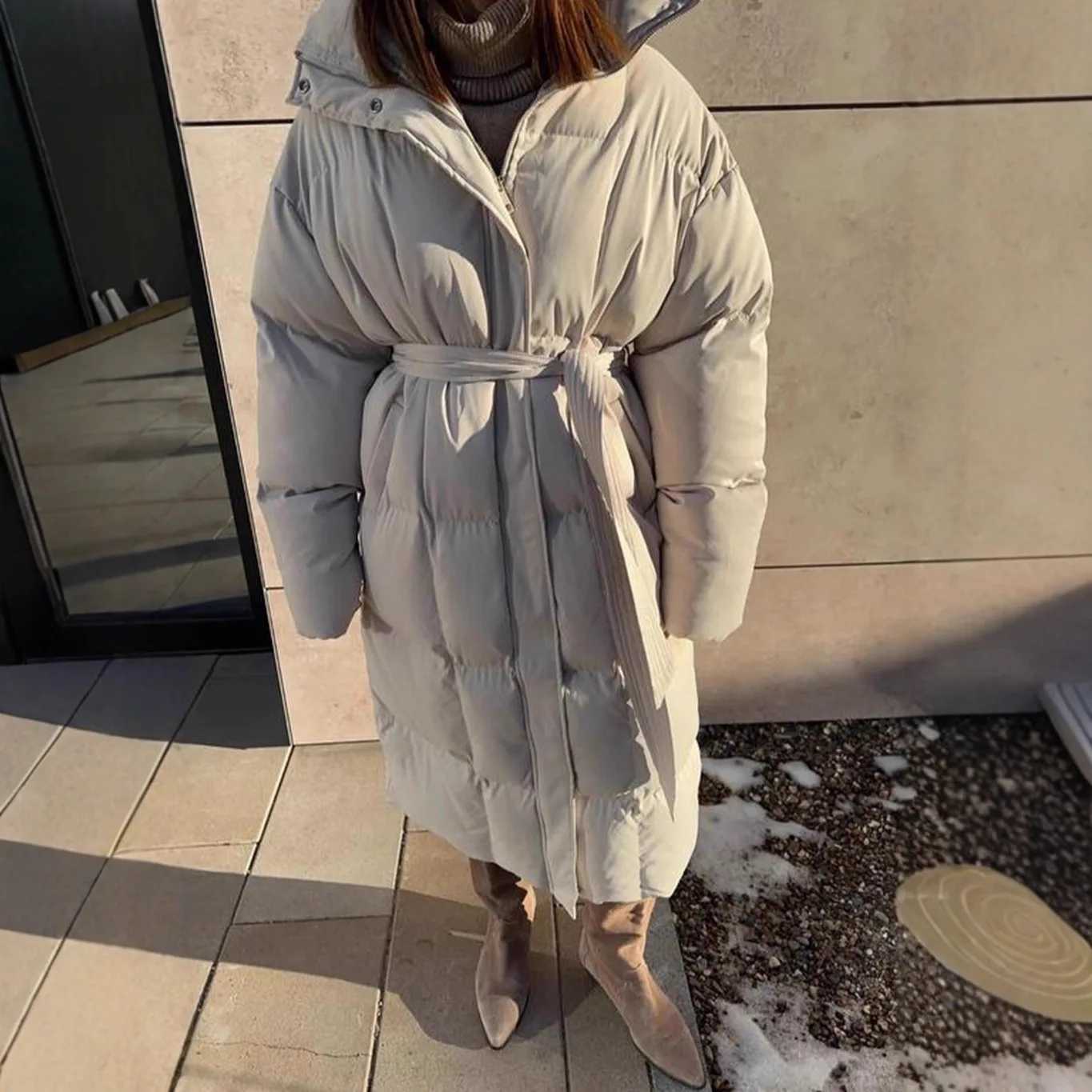 UMI MAO Style Lässige, taillierte, schlankmachende, lange Puffer-Winterjacke für Damen, verdickter, warmer Baumwollmantel, Braun