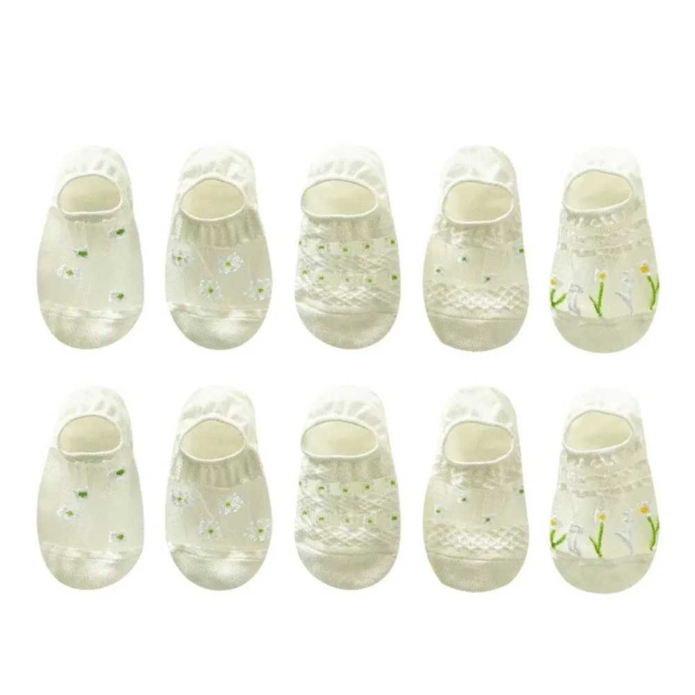10Pairs Hosiery Floral Glass Silk Boat Socks Thin Breathable Flower Invisible Socks Sweet Glass Silk Mesh Short Sock Girl