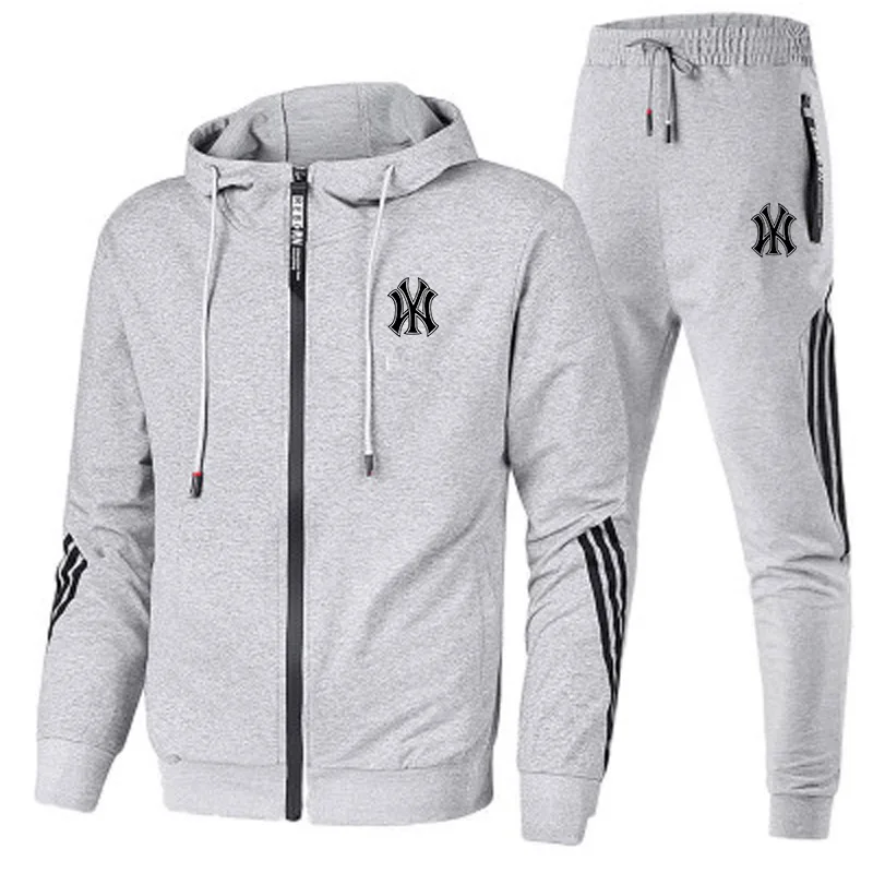 

Fashion Tracksuit Men Suit Autumn New Zipper Cardigan Jacket+Sweatpants Stripe Running Fitness Basketball Jogging 2 Piece Set