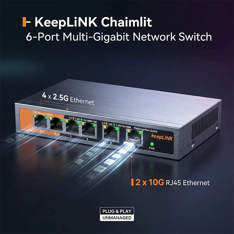KeepLiNK 6-Port Multi-Gigabit Unmanaged Network Switch 4 x 2.5GbE RJ45 and 2 x 10GbE High-Speed Ethernet Switch Plug-and-Play