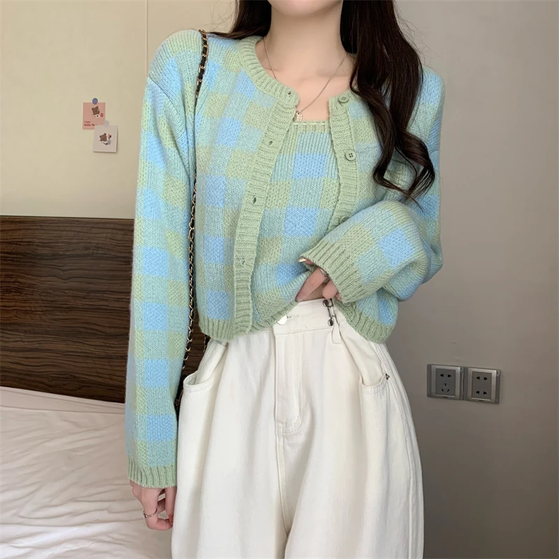 Fashion Vintage Plaid Sweater Coat Women Autumn Winter New Knitted Camis Cropped Cardigan Two Piece Suits