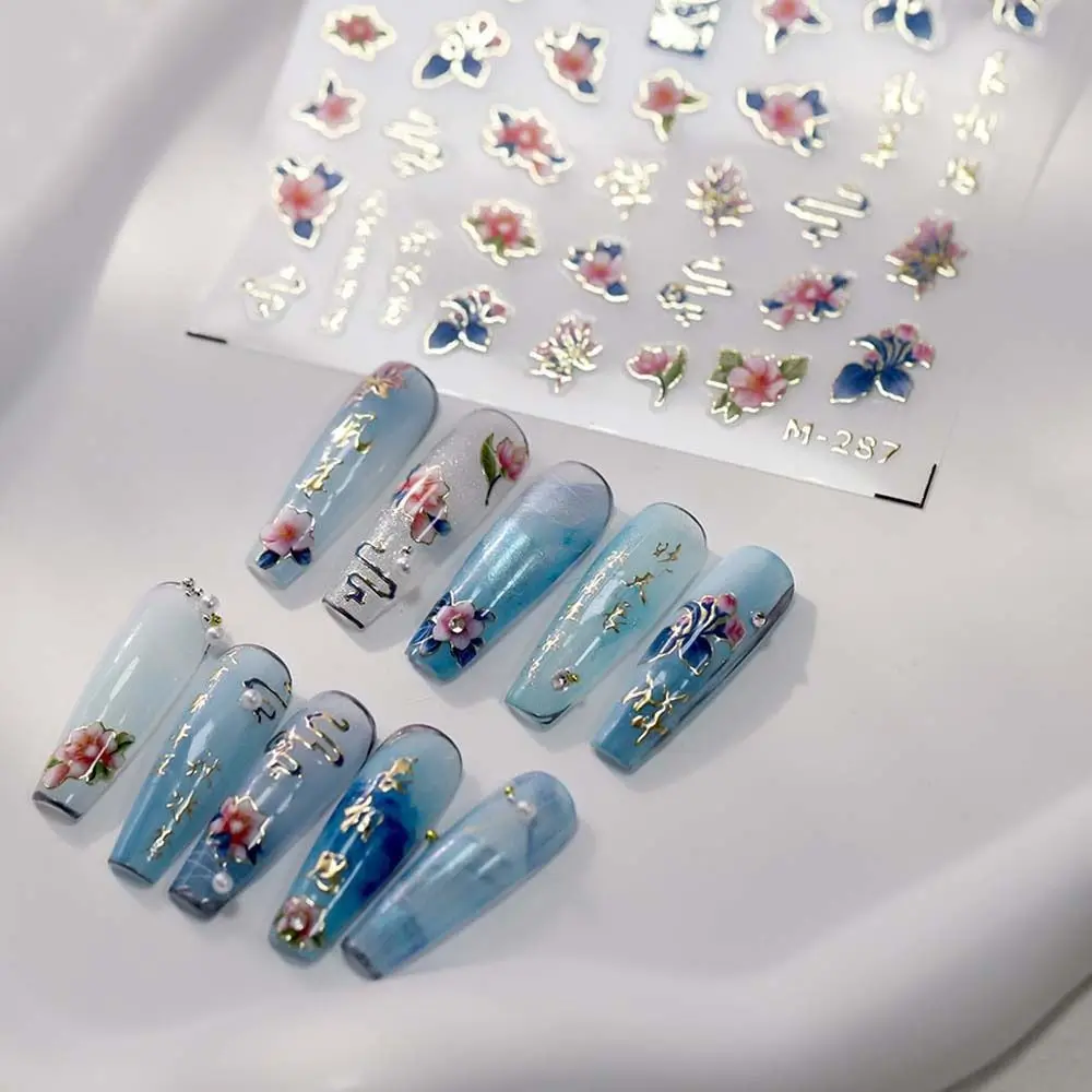 Flowers Chinese Nail Stickers Phoenix Blue and White Porcelain Patterns Chinese Nail Decals Hot Stamping Nail Supplies