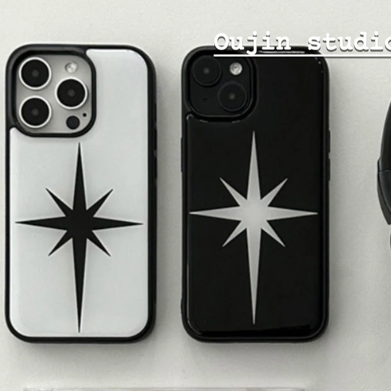 Capa de Celular Coreana de Moda com Estrela Preta e Branca e Borda Preta com Cola Líquida para iPhone 17 Air 16 Pro Max 15 14 Plus 13 12 11
