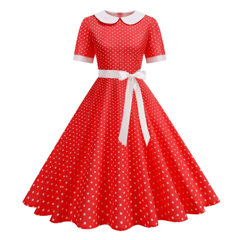 2026 New Women Retro Polka Dot Swing Midi Dress Red White Dot Print Short Sleeve 50s 60s Vintage Rockabilly Party A Line Dresses