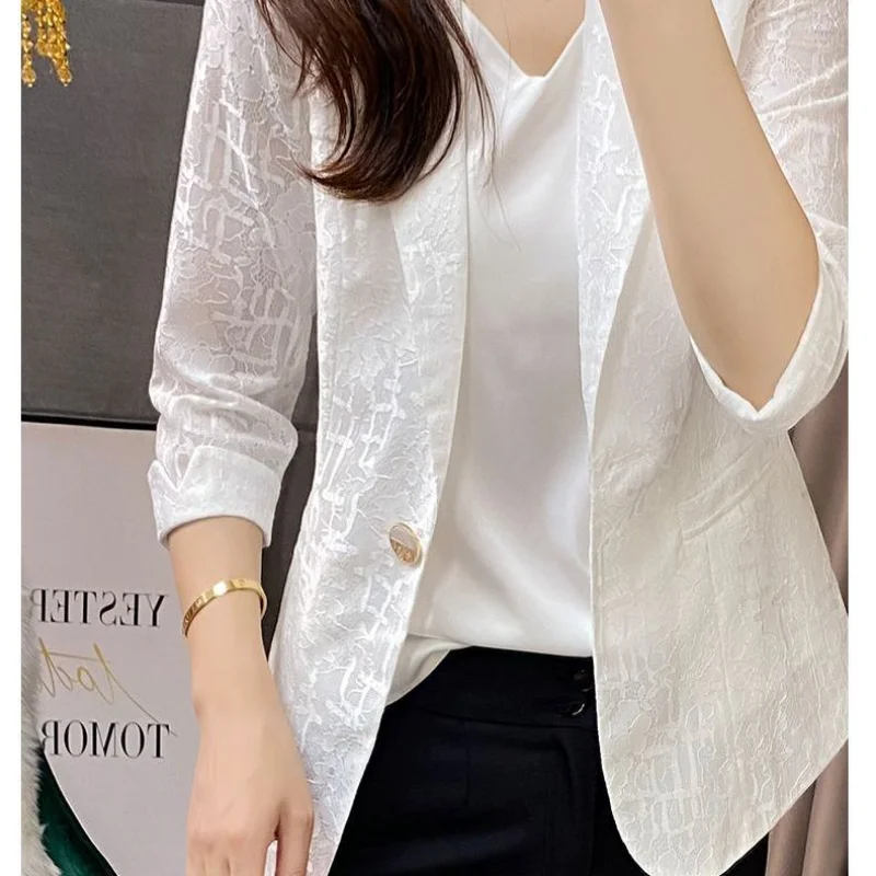 2023 New Spring Summer Fashion Elegant One Button Thin Suit Jacket Ladies Temperament Slimming Commuter Thin Lace Top