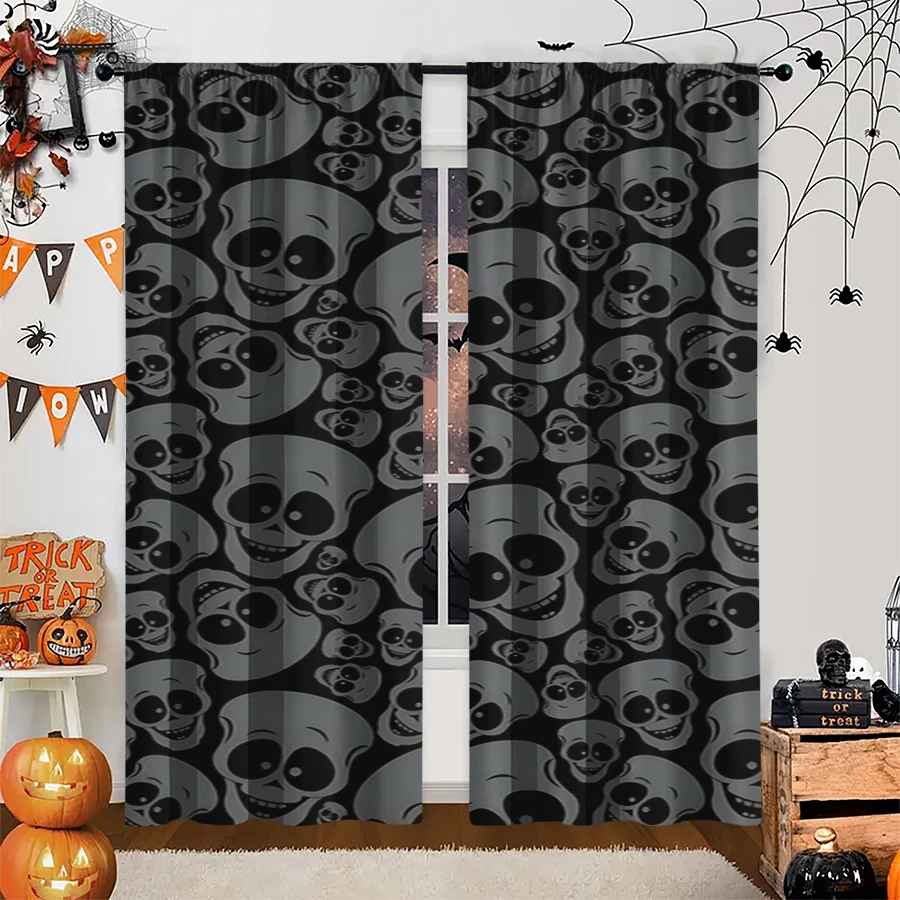 2PCS Digital Print Curtain, Grey Tones Dense Skulls Pattern, Halloween Monochrome Gothic Style for Living Room Bedroom Decor