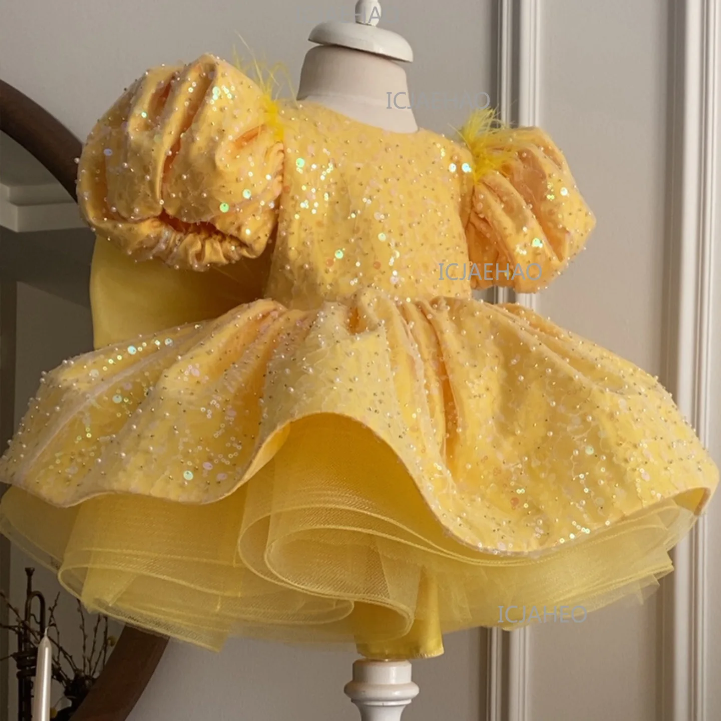 Sequin Puff Sleeve Princess Dress Kids Birthday Catwalk Performance Little Kids Performance Danc Gown Yellow New Style Elegante