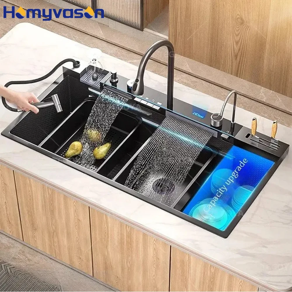 

100 см современные китайские роскошные многофункциональные кухонные мойки из нержавеющей стали 304 с умным водопадом и одной чашей