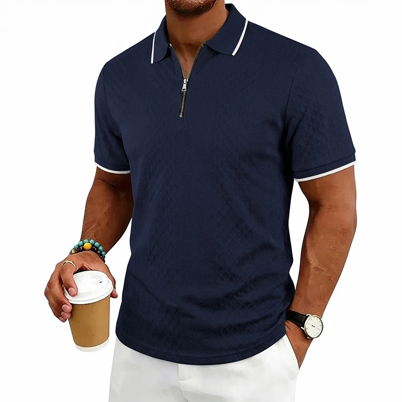 Sommer Herren Casual Business Kurzarm 9-Farben Jacquard 1/4 Reißverschluss Poloshirt | Strukturiertes Polo-Top mit Reißverschluss und kurzen Ärmeln – Detail 26