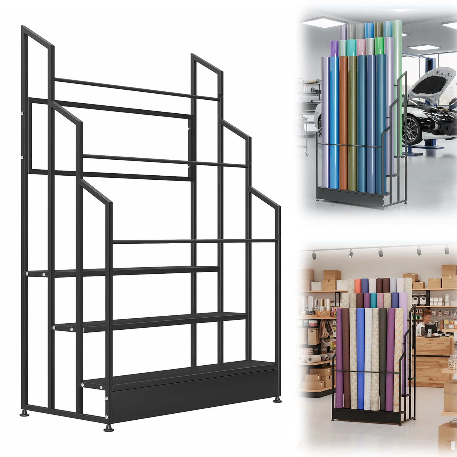 

Трехуровневый напольный органайзер из прочной стали для рулонов винила с регулируемыми направляющими для магазинов рукоделия и мастерских