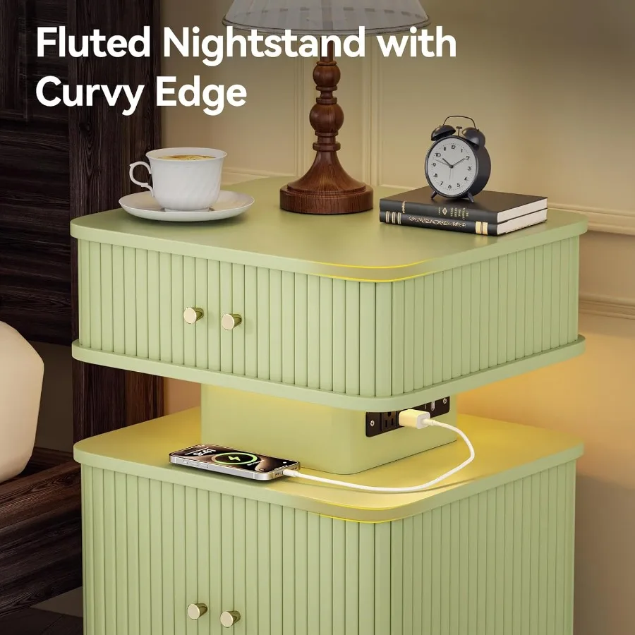 Nightstands Set of 2 with Charging Station Modern Night Stands Set 2 with Smart Led Light and Small Sliding Door Cabinets Curvy