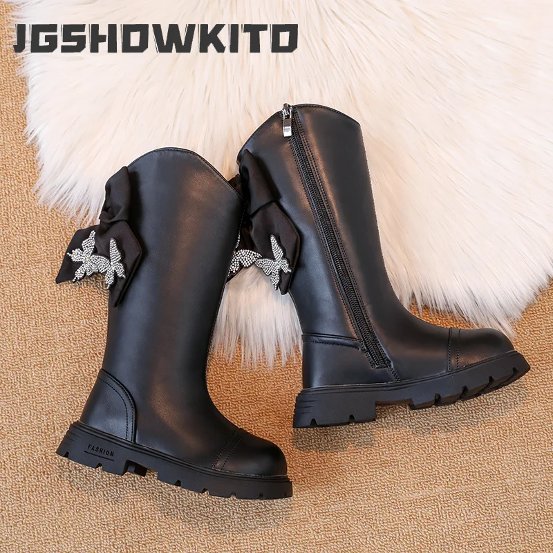 JGSHOWKITO Kids Black Long Boots Sweet Bow Girls Mid Calf Boots with Rhinestone Butterfly Princess Catwalk Children Plush Boots