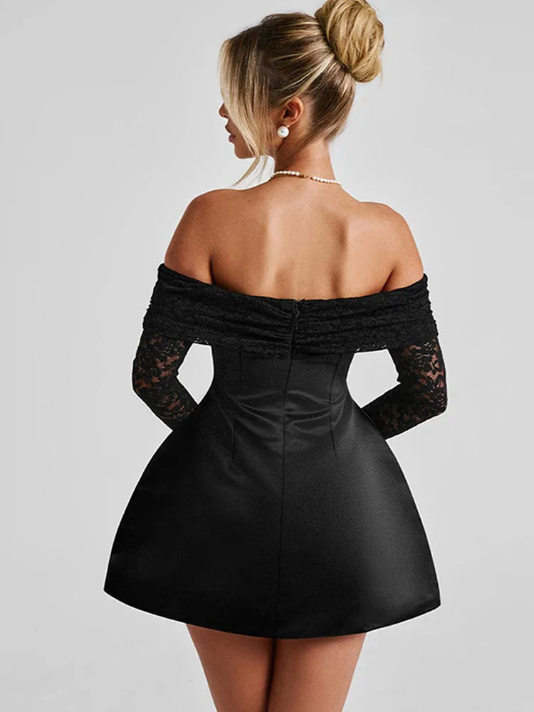 Spitze Patchwork Sexy Off Schulter Mini Kleid Frauen Herbst Winter Langarm Elegante A-Line Backless Schlank Vestido Party Kleid