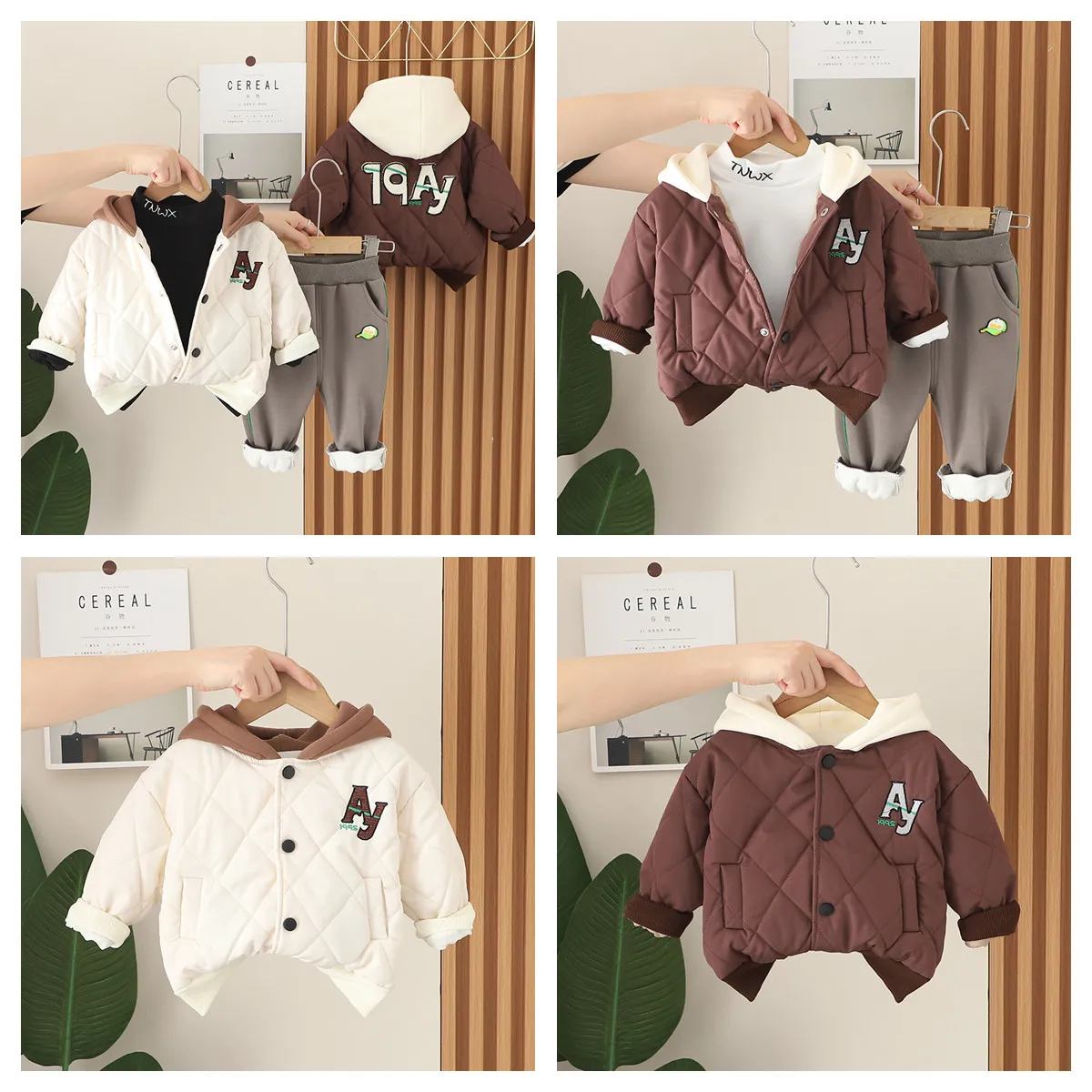 

Children's Hooded Jacket 3pcs Set Coat+Pants+Long Sleeve T-shirt Baby Winter Thicken Clothes Kids Warm Clothing Windproof Outfit